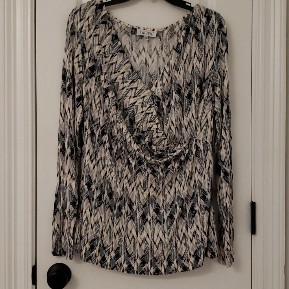 Jennifer Lopez Fractured Glamour Crossover Faux Wrap Long Sleeve Top XL